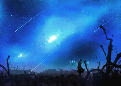  aged_up bad_id bad_pixiv_id blue_theme female flandre_scarlet from_behind highres milky_way night night_sky outdoors pochiharu ruins scenery shooting_star sky solo standing star_(sky) starry_sky touhou 