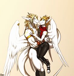  angel_dragon anthro cerezo clothed clothing dragon duo father_(lore) father_and_child_(lore) father_and_son_(lore) feathered_wings feathers happy hi_res male mythological_creature mythological_scalie mythology parent_(lore) parent_and_child_(lore) parent_and_son_(lore) scalie siegfried size_difference smile son_(lore) tail topless wings 