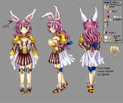  2010 animal_humanoid blush breasts brown_eyes cleavage clothed clothing dress duo english_text feathered_wings feathers female footwear fur grey_background hair humanoid humanoid_focus lagomorph linvar long_hair looking_at_viewer mammal model_sheet pink_hair shoes side_view simple_background smile solo text tigerlilylucky unknown_species white_body white_fur wings yellow_body yellow_feathers yellow_fur 