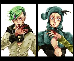  2boys blood blood_on_face commentary_request dainenjiyama_aisho green_hair higashikata_jobin jojo_no_kimyou_na_bouken jojolion kuroda_(nenonen) male_focus multiple_boys nosebleed 