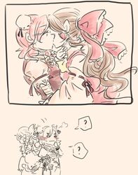  2girls ? blush bow brown_hair commentary_request detached_sleeves double_bun ear_blush hair_bun hair_tubes hairbow hakurei_reimu ibaraki_kasen kissing long_hair multiple_girls pink_hair ponke spoken_question_mark touhou yuri 