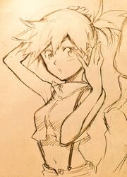  adjusting_hair commentary_request crop_top female graphite_(medium) highres kasumi_(pokemon) open_mouth pokemon pokemon:_the_electric_tale_of_pikachu seijun short_hair side_ponytail sleeveless solo suspenders traditional_media upper_body 