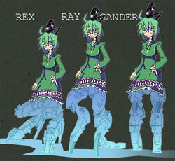  3girls ahoge commentary dress fusion green_dress green_eyes green_hair hand_on_own_hip hat mecha metal_gear:_ghost_babel metal_gear_(robot) metal_gear_(series) metal_gear_gander metal_gear_ray metal_gear_rex metal_gear_solid metal_gear_solid_2:_sons_of_liberty military military_vehicle multiple_girls multiple_persona non-humanoid_robot photoshop_(medium) robot science_fiction setz short_hair soga_no_tojiko tate_eboshi touhou walker_(robot) 