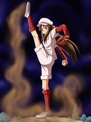  baseball baseball_mitt baseball_uniform commentary_request dust female hat kneepits kyojin_no_hoshi leg_up lielos ogasawara_akiko parody pitching pitching_mound solo sportswear taishou_yakyuu_musume uniform 