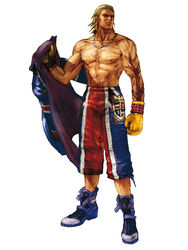  1boy blonde_hair blue_footwear boots boxing_gloves cape full_body highres jacket jewelry kawano_takuji male_focus muscular necklace official_art photoshop_(medium) scar shorts solo sportswear steve_fox tekken tekken_4 topless_male unworn_jacket white_background 