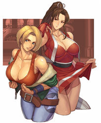  2girls bad_id bad_pixiv_id bare_shoulders belt blonde_hair blue_mary bob_cut breasts cleavage clothes_lift crop_top cropped_legs denim fatal_fury ibanen jeans large_breasts leaning_forward long_hair loose_belt multiple_girls pants pelvic_curtain ponytail shiranui_mai skirt skirt_lift the_king_of_fighters 