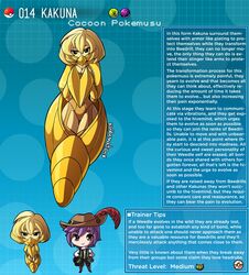  2020 character_profile character_sheet cocoon corset english_text garter_straps insect_humanoid kakuna kinkymation nintendo page_14 page_number pok&eacute;mon_(species) pokemon pokemon-girl_encyclopedia pokemorph pokemusu profile tagme text text_box text_focus yellow_corset yellow_garter_straps yellow_hair 