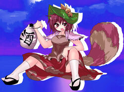  animal_ears bell blue_background bow brown_eyes brown_hair buuwa commentary_request female futatsuiwa_mamizou glasses gourd hat kneehighs open_mouth raccoon_ears raccoon_girl raccoon_tail sandals sitting smile socks solo tabi tail touhou white_socks zouri 