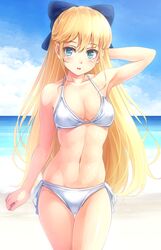  abs arm_up bad_id bad_pixiv_id beach bikini blue_eyes blush bow breasts cleavage day female hairbow jikkyou_powerful_pro_yakyuu komimiyako long_hair medium_breasts navel outdoors power_pro_kun_pocket power_pro_kun_pocket_8 shiny_skin side-tie_bikini_bottom solo swimsuit thigh_gap very_long_hair white_bikini yukishiro_touko 