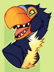  ambiguous_gender anthro avian beak bird cariamiform feathers green_eyes happy headshot_portrait hi_res lucaloo open_beak open_mouth open_smile portrait sharp_teeth smile solo teeth terror_bird tongue toothed_beak tucakeane 