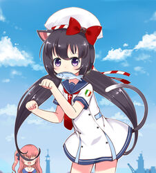  2girls animal_ears antonio_da_noli_(warship_girls_r) badge black_hair blue_background blue_sky blush bow buttons clenched_hands cloud commentary_request covered_eyes day double-breasted dress fish fish_in_mouth hat highres italian_flag linda_b long_sleeves looking_at_viewer multiple_girls open_mouth outdoors outline paw_pose photoshop_(medium) pink_hair purple_eyes red_bow sailor_collar short_sleeves sky twintails ugolino_vivaldi_(warship_girls_r) warship_girls_r white_dress white_hat white_outline 