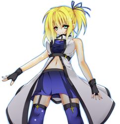  arc_system_works bare_shoulders blonde_hair breasts female fingerless_gloves gloves green_eyes guilty_gear jacket k_liss_s ky_kiske kyko m.u.g.e.n midnight_bliss mugen_(game) navel pixiv_thumbnail resized rule_63 side_ponytail simple_background skirt smile solo thighhighs white_background 