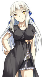  black_dress blue_ribbon blush breasts breasts_apart cleavage collarbone commentary_request covered_nipples dress fate/grand_order fate_(series) female hair_ribbon hand_on_own_hip headband long_hair medium_breasts penthesilea_(fate) penthesilea_(formal_dress)_(fate) ribbon shiseki_hirame short_sleeves simple_background smile solo very_long_hair white_background white_hair yellow_eyes 