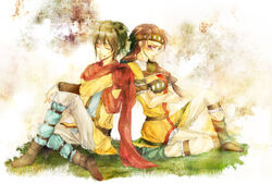  1boy ayda black_hair brown_eyes brown_hair cape closed_eyes couple crossed_arms female female gensou_suikoden gensou_suikoden_ii headband holic69 kinnison long_hair male pants short_hair sitting suikoden suikoden_ii 