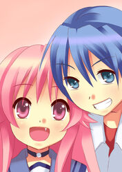  1boy angel_beats! blue_eyes blue_hair commentary_request female grin hinata_hideki long_hair oerba_yun_fang photoshop_(medium) pink_eyes pink_hair ponishi. school_uniform shinda_sekai_sensen_uniform short_hair smile yui_(angel_beats!) 