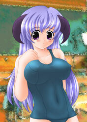  alternate_breast_size breasts covered_navel covered_nipples female hanyuu higurashi_no_naku_koro_ni horns impossible_clothes impossible_swimsuit large_breasts long_hair one-piece_swimsuit purple_eyes purple_hair ryuukishi07_(style) satau_(psg) school_swimsuit solo swimsuit 