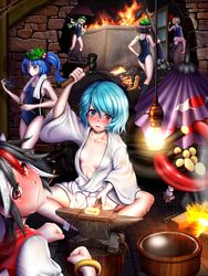  6+girls anvil arm_up ass bangle bare_arms bare_legs black_hair black_socks blacksmith blacksmith_tongs blonde_hair blue_eyes blue_hair blush boots bracelet breasts bucket clenched_hands coal collarbone commentary_request cone_horns dark_haired_kappa fire forge glasses_kappa glowing_hot green_hat grey_horns hair_bobbles hair_ornament hair_tie_kappa hammer hand_fan hat heterochromia highres holding horns hot indoors jewelry kappa_mob_(touhou) kawashiro_nitori kijin_seija kneehighs light_bulb log long_hair multicolored_hair multiple_girls naked_robe paper_fan pickaxe purple_umbrella red_eyes red_hair redoredo_(godprogress) robe school_swimsuit short_hair single_kneehigh single_sock sitting small_breasts small_horns socks sparks streaked_hair sweat swimsuit tatara_kogasa thighs tongs tongue touhou towel two_side_up umbrella water white_hair white_robe 