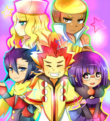  2girls 3boys adeku_(pokemon) black_hair blonde_hair blue_eyes book breasts cattleya_(pokemon) chibi cleavage coat crossed_arms dark_skin elite_four frown giima_(pokemon) glasses grin hat long_hair multicolored_hair multiple_boys multiple_girls open_mouth pokemon pokemon_(game) pokemon_black_and_white pokemon_bw purple_eyes purple_hair red_eyes red_hair renbu_(pokemon) scarf shikimi_(pokemon) short_hair smile 