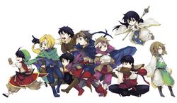  3girls 6+boys annotated armor bandana black_hair blonde_hair brown_hair chibi cleo_(suikoden) cloak commentary_request flik_(suikoden) food gensou_suikoden gensou_suikoden_i gremio_(suikoden) headband ichiko_milk_tei kasumi_(suikoden) long_hair luc_(suikoden) meat multiple_boys multiple_girls ninja pahn_(suikoden) robe scar short_hair staff thighhighs tir_mcdohl viki_(suikoden) viktor_(suikoden) 