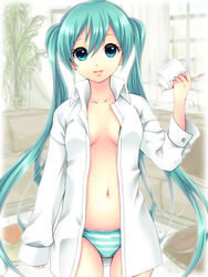  aqua_eyes aqua_hair bad_id bad_pixiv_id cup female fuusha hatsune_miku long_hair mug navel no_bra open_clothes open_shirt panties shirt solo striped_clothes striped_panties twintails underwear very_long_hair vocaloid 