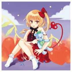  bad_id bad_pixiv_id bare_shoulders blonde_hair blush bow dress female flandre_scarlet hairbow looking_at_viewer red_eyes shiina_aya side_ponytail sitting skirt socks solo stuffed_animal stuffed_toy teddy_bear tongue tongue_out touhou wings 