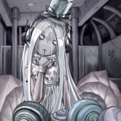  1other androgynous bracelet colored_skin commentary english_commentary finger_in_own_mouth grey_skin hat headphones heart jewelry long_hair mettaton mettaton_(box) napstablook open_mouth personification ribbon ring saturnspace shell sleeveless solo top_hat undertale white_hair 