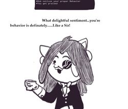  animextremex anthro bob_(undertale) bow_(feature) bow_tie container cup dialogue dialogue_box english_text eyewear facial_hair humor male mammal meme monocle moustache solo suite tea_cup tem temmie_(undertale) text undertale undertale_(series) 