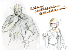  1boy abs blush bra buruma colored_pencil_(medium) commentary_request female gamagoori_ira graphite_(medium) highres jacket kill_la_kill mankanshoku_mako nayomi photoshop_(medium) see-through shirt short_hair sweat t-shirt track_jacket traditional_media underwear undressing wiping_face 