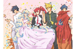  2girls 3boys blonde_hair blue_hair cape commentary_request dress formal kamina_(ttgl) kittan_bachika multicolored_hair multiple_boys multiple_girls necktie nia_teppelin pink_dress ponytail red_hair simon_(ttgl) suit tengen_toppa_gurren_lagann tileable two-tone_hair uet yoko_littner 