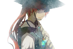  commentary_request female glowing hat hekisoujo_(juuni_kokuki) hourouzanmai jewelry juuni_kokuki long_hair looking_at_viewer nakajima_youko necklace photoshop_(medium) red_hair solo upper_body white_background wrapped 