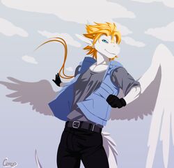  angel_dragon anthro biped blonde_hair blue_eyes cerezo clothed clothing dragon feathered_dragon feathered_scalie feathered_wings feathers hair looking_at_viewer male mythological_creature mythological_scalie mythology pose scalie siegfried solo standing tail wings 