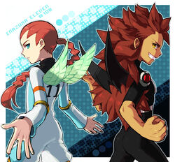  2boys braid brown_hair desuta inazuma_eleven inazuma_eleven_(series) itsuki_(nightlight) long_hair multiple_boys red_hair skin_tight skintight thane wings 