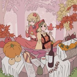  2girls aki_minoriko aki_shizuha apple apron bad_id bad_twitter_id basket blonde_hair blush bottle bread checkerboard_cookie cookie cup eating food fruit grapes hat leaf leaf_on_head long_sleeves looking_up maple_leaf mob_cap mug multiple_girls nashi_pear nature oshouyu_tabetai pear persimmon puffy_sleeves pumpkin shirt short_hair siblings sisters sitting skirt skirt_set smile sweet_potato table touhou tree wide_sleeves 