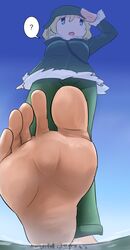  ? aqua_eyes bangs barefoot between_breasts blonde_hair coat feet female giantess hat highres hood hooded_jacket image_sample jacket looking_afar looking_away military_jacket pov_feet short_hair shoujo_shuumatsu_ryokou soles strap_cleavage toes twitter_sample wrinkled_skin yuuri_(shoujo_shuumatsu_ryokou) 