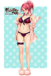  bare_legs bare_shoulders blush bra breasts bridal_garter cleavage collarbone commentary_request copyright_name female frilled_bra frilled_panties frills full_body gang_of_heaven groin large_breasts legs_apart lingerie long_hair long_sleeves looking_at_viewer masami_chie navel off_shoulder official_art one_eye_closed open_pajamas outside_border pajamas panties pink_footwear pink_shirt polka_dot polka_dot_background ponytail print_shirt purple_bra purple_garter purple_panties red_eyes red_hair shirt sidelocks slippers solo standing stomach unbuttoned underwear 