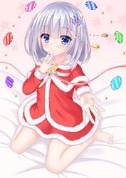  absurdres bad_id bad_pixiv_id barefoot bed_sheet blue_eyes blue_gemstone blush bow capelet christmas closed_mouth commentary_request female full_body fur-trimmed_capelet fur_trim gem green_gemstone grey_hair hair_ornament hakuto_momiji highres leaf_hair_ornament long_sleeves looking_at_viewer outstretched_arm purple_gemstone reaching reaching_towards_viewer red_capelet red_gemstone red_shirt red_skirt ribbon santa_costume shironeko_project shirt short_hair sitting skirt smile solo striped striped_bow striped_ribbon tina_topia toenails v wariza 