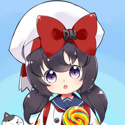  aged_down animal antonio_da_noli_(warship_girls_r) black_hair blue_background blush bow candy commentary_request eyebrows feline female food hat highres jacket linda_b lollipop looking_at_viewer open_mouth purple_eyes red_bow sailor_collar short_twintails solo teeth twintails warship_girls_r white_hat white_jacket 