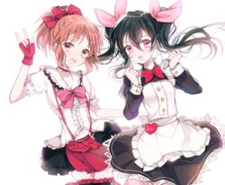  2girls \m/ abe_nana abe_nana_(cosplay) bad_id bad_pixiv_id black_hair bokura_wa_ima_no_naka_de brown_eyes brown_hair cosplay costume_switch crossover double_\m/ fingerless_gloves gloves idolmaster idolmaster_cinderella_girls love_live! love_live!_school_idol_project maid multiple_girls name_tag nennen open_mouth ponytail red_eyes short_hair smile twintails yazawa_nico yazawa_nico_(cosplay) 