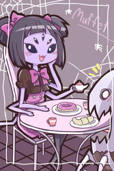  arthropod_girl big_cat_shan black_hair blush bug chair character_name commentary croissant cup doughnut english_commentary extra_arms extra_eyes fangs female food hair_ribbon highres medium_hair monster monster_girl muffet muffet&#039;s_pet open_mouth plate ribbon silk sitting spider spider_girl spider_web table teacup teapot undertale 