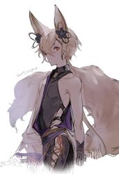  1boy animal_ears backless_outfit commentary erune fox_ears fox_tail granblue_fantasy hair_ornament kou_(granblue_fantasy) long_hair male_focus red_eyes side-tie_legwear smile symbol-only_commentary tail yuuhi_homare 