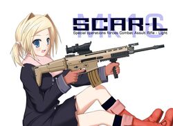  acog assault_rifle bettou_izumi-shizuka_scarlett black_coat blonde_hair blue_eyes boots coat commentary commentary_request female fn_scar fn_scar_16 gloves gun hair_intakes holding holding_weapon kneehighs pink_scarf pun red_footwear red_gloves rifle scarf scarlett scope short_hair side_ponytail sitting socks solo trigger_discipline twintails typo usmc@troy vertical_foregrip weapon 