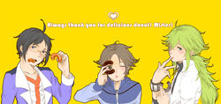  3boys ahoge black_(pokemon) black_hair blush bracelet bracelets brown_eyes brown_hair cheren_(pokemon) donut doughnut engrish food glasses green_eyes green_hair jewelry kurashiki_(kas0) licking long_hair male male_focus multiple_boys n_(pokemon) open_mouth pixiv_thumbnail pokemon pokemon_(game) pokemon_black_and_white pokemon_bw ponytail ranguage resized short_hair touya_(pokemon) 