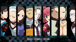  3girls 6+boys aro bandana blind blue_eyes breasts brown_hair cleavage closed_eyes column_lineup commentary_request everyone facial_hair formal glasses green_eyes grey_hair hair_ornament hairband ichimiya_(kyokugen_dasshutsu) jewelry junpei_(kyokugen_dasshutsu) kyokugen_dasshutsu kyokugen_dasshutsu:_9_jikan_9_nin_9_no_tobira large_breasts multiple_boys multiple_girls murasaki_(kyokugen_dasshutsu) nail_polish necktie niels_(kyokugen_dasshutsu) ninth_man_(kyokugen_dasshutsu) pink_hair plaid purple_nails santa_(kyokugen_dasshutsu) scar seven_(kyokugen_dasshutsu) siblings split_crop suit twintails white_hair yashiro_(kyokugen_dasshutsu) yotsuba_(kyokugen_dasshutsu) 