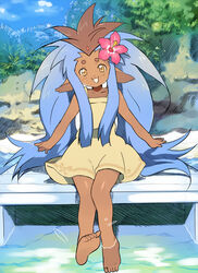  animal_ears barefoot coin_rand commentary_request dark-skinned_female dark_skin day dress feet female flower full_body hair_flower hair_ornament long_hair multicolored_hair outdoors personification ryou-ouki ryou-ouki_(human) sitting smile soaking_feet solo sundress tenchi_muyou! tenchi_muyou!_ryou-ouki water yellow_eyes 