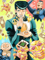  3boys bad_id bad_pixiv_id coin commentary_request diamond_wa_kudakenai gakuran harvest_(stand) higashikata_josuke jojo_no_kimyou_na_bouken male_focus money multiple_boys nijimura_okuyasu nora_(act2) school_uniform stand_(jojo) yangu_shigekiyo 