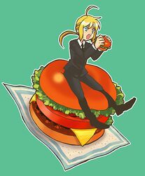  ahoge artoria_pendragon_(fate) bad_id bad_pixiv_id blonde_hair burger eating fate/zero fate_(series) female food formal lowres obuchi_(nanakamado1) pant_suit pants ponytail reverse_trap saber_(fate) solo suit 