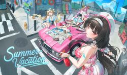  1boy 3girls abby_(wuthering_waves) absurdres aemeath_(wuthering_waves) beret bikini bikini_skirt black_hair blonde_hair blue_sky breasts can car chisa_(peach_parfait)_(wuthering_waves) chisa_(wuthering_waves) commentary_request dan-gaam day drink_can english_text eyewear_on_head grin hat highres holding holding_can large_breasts long_hair looking_at_viewer lynae_(peppermint)_(wuthering_waves) lynae_(wuthering_waves) male_rover_(wuthering_waves) map_(object) motor_vehicle multiple_girls official_alternate_costume official_alternate_hairstyle pink_bikini pink_hair plaid_bikini plaid_clothes red_eyes rover_(wuthering_waves) see-through_clothes see-through_shirt shirt skirt sky smile sunglasses swimsuit white_hat white_shirt white_skirt wuthering_waves 