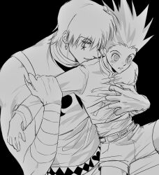  2boys age_difference bandaged_arm bandages belt belt_buckle black_background blush buckle closed_mouth commentary earrings facial_mark fingernails gon_freecss grabbing_from_behind greyscale highres hisoka_morow hunter_x_hunter jacket jewelry long_sleeves lxxyll male_focus monochrome multiple_boys onii-shota sharp_fingernails shirt short_hair shorts sleeveless sleeveless_shirt spiked_hair star_(symbol) star_facial_mark untranslatable_commentary yaoi 