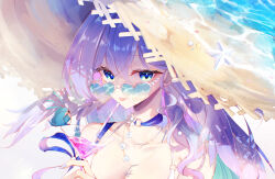  :p artist_name bare_shoulders bikini black_hat blue-tinted_eyewear blue_eyes blue_nails breasts closed_mouth collarbone commentary cup drinking_glass drinking_straw elphe english_commentary female gem green_eyes hat heart heart-shaped_eyewear highres honkai:_star_rail honkai_(series) jewelry juice long_hair looking_at_viewer multicolored_eyes nail_polish necklace o-ring o-ring_bikini o-ring_top official_alternate_costume origami_bird_(honkai:_star_rail) pearl purple_hair robin_(honkai:_star_rail) robin_(summeretto)_(honkai:_star_rail) simple_background solo star_(symbol) starfish straw_hat sun_hat swimsuit tinted_eyewear tongue tongue_out two-tone_eyes upper_body very_long_hair water white_background white_bikini 