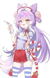  :3 :d ahoge animal_ears ass_visible_through_thighs blue_eyes blue_thighhighs blush commentary_request cone_hair_bun cowboy_shot double-parted_bangs double_bun fake_animal_ears female fox_ears fox_tail hair_between_eyes hair_bun hair_ears hair_intakes hat heterochromia highres holding holding_syringe korean_commentary limu838 long_hair miniskirt nurse_cap oerba_yun_fang open_mouth pleated_skirt purple_hair red_skirt shirt short_sleeves simple_background skin_fang skirt smile solo stellive striped_clothes striped_thighhighs syringe tail tenko_shibuki tenko_shibuki_(1st_costume) thighhighs virtual_youtuber white_background white_hat white_shirt wrist_cuffs yellow_eyes 